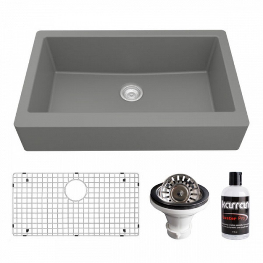 Retrofit Farmhouse/Apron-Front Quartz Composite 34″ Single Bowl Kitchen Sink Kit Grey Karran QAR-740-BI-PK1