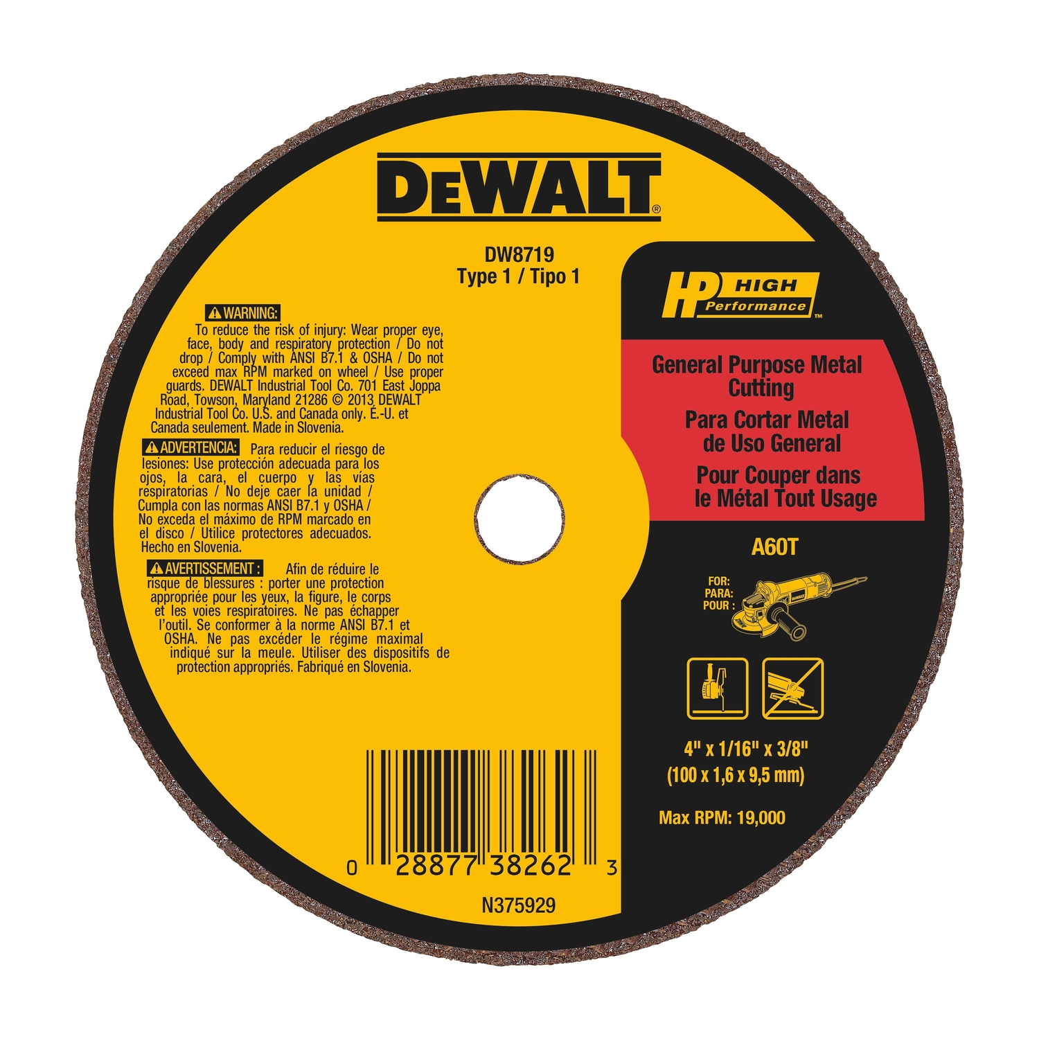 Small Diameter Cutoff Wheel, 3/8 x 1/16 x 4 In.