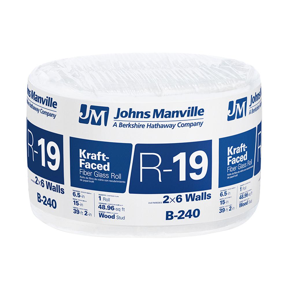 R19 Kraft Fiberglass Insulation, 6.5 x 15-In. x 39′ 2  Roll