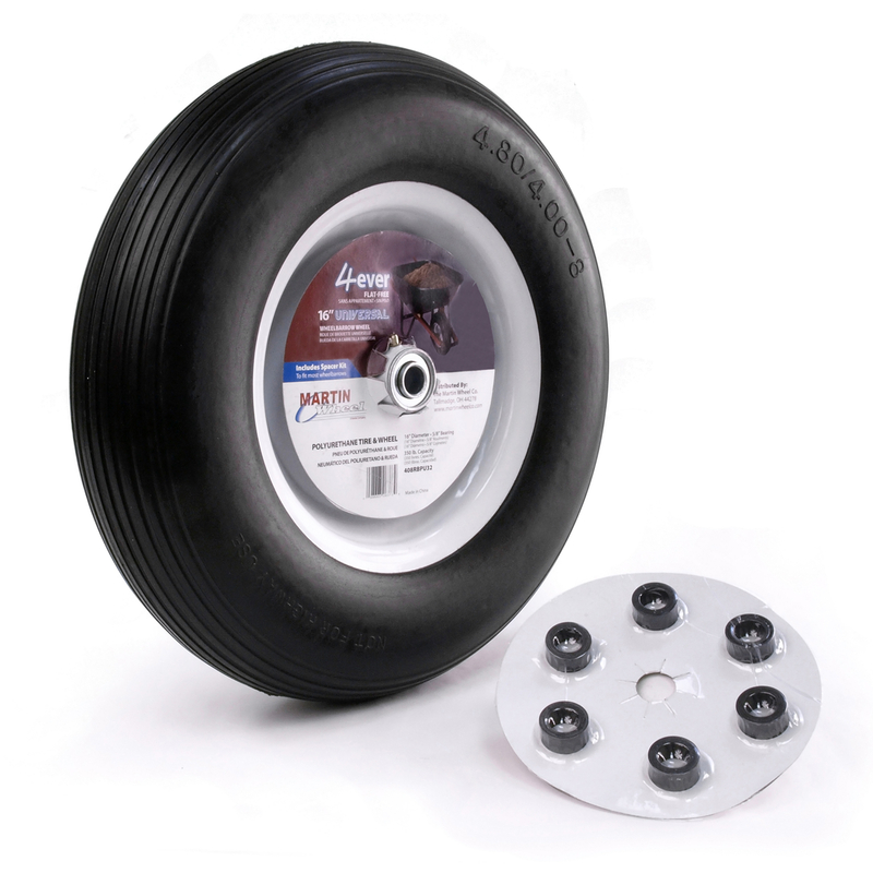 480/400-8 Rib Tread Flat-Free Wheelbarrow & Garden Cart Wheel, Universal Hub, 16 In.