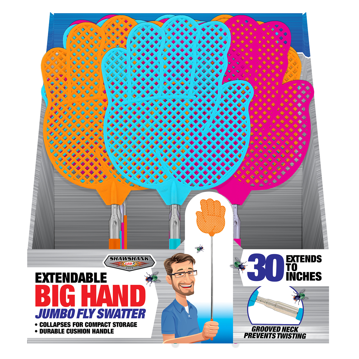 Fly Swatter, Extendable Big Hand, 30 In., Assorted Colors