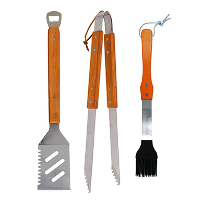 Bbq Tool Set, Wood & Stainless Steel, 3-piece Grilling Accessories