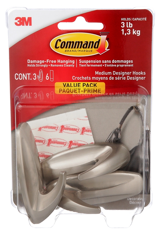 Medium Brushed Nickel Designer Hook With Command Strips – Model 17081bn-3es