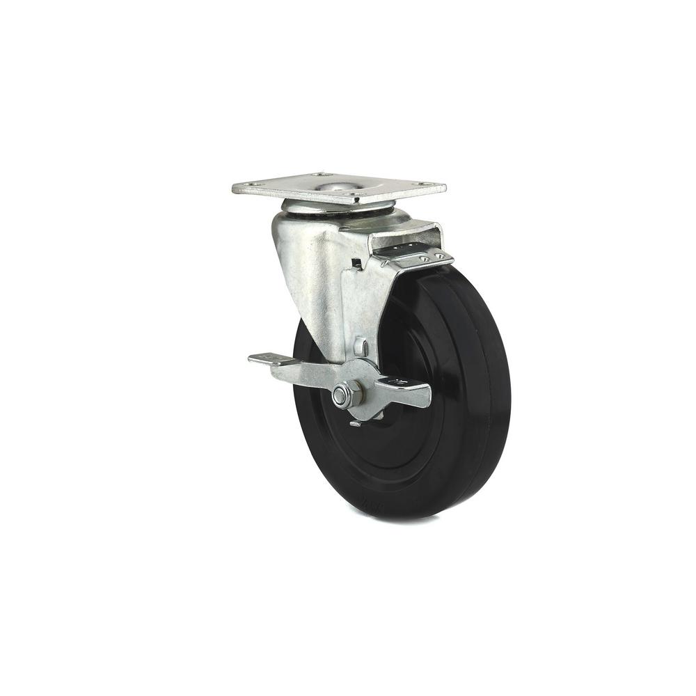 5-inch Rubber Wheel Swivel Plate Caster With Side Brake And 297 Lb Load Capacity