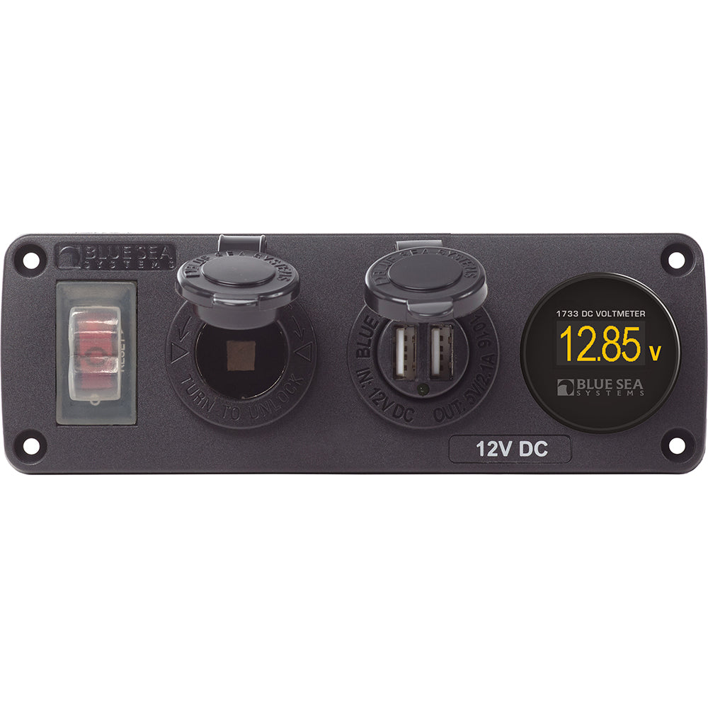Blue Sea 4366 Water Resistant USB Accessory Panel – Circuit Breaker, 12V Socket, Dual USB Charger, Mini Voltmeter [4366]