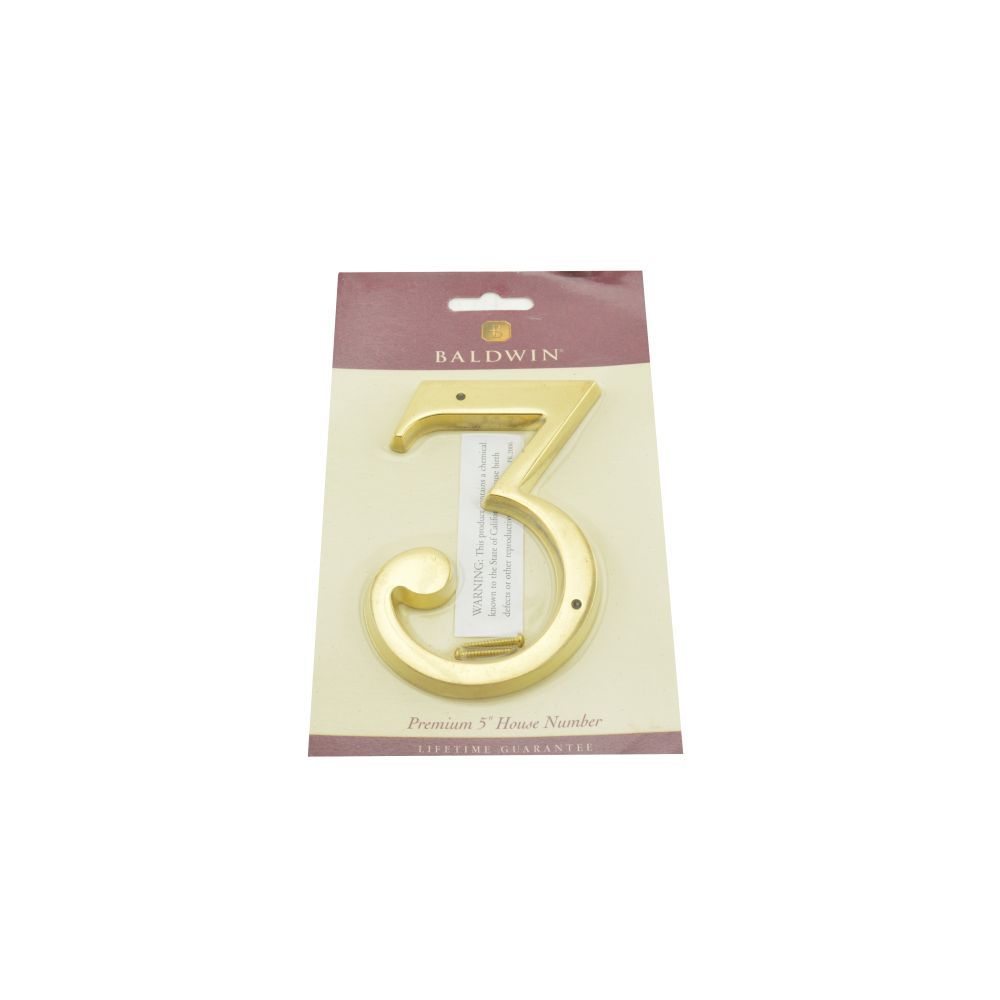 Baldwin 90673031 4-3/4″ House Number 3 – Unlacquered Brass Finish