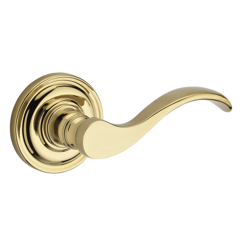 Baldwin ENCURRTRR003 Right Hand Curve Lever Round Rose, 6AL Latch, Dual Strike, Brass Finish