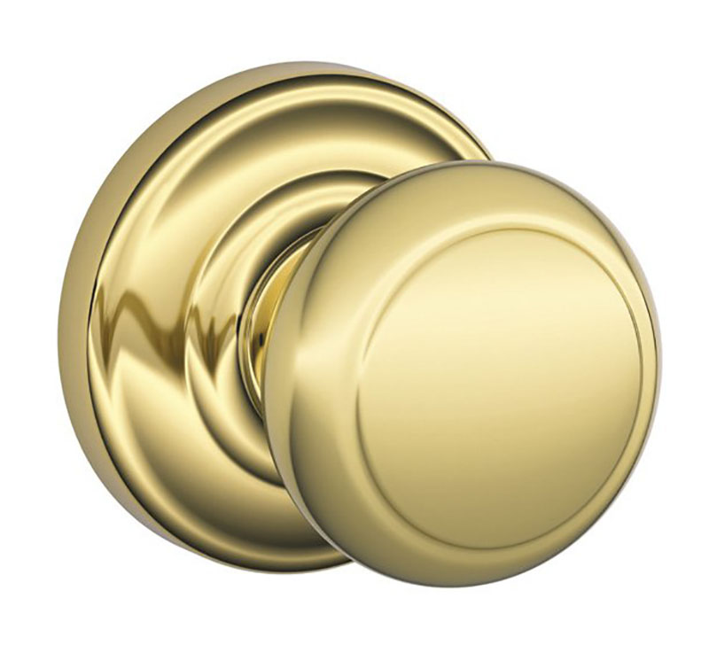 Schlage F10 AND 605 AND Andover Passage Knob Rose Lockset with Latch Strike, Bright Brass Finish