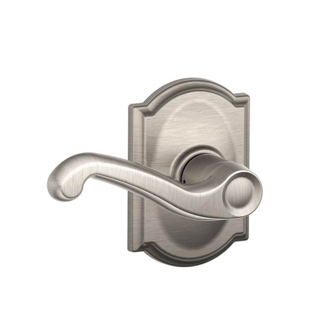Schlage F10FLA619CAM Flair Lever Camelot Rose Passage Lock, Satin Nickel, 16080 Latch, 10027 Strike