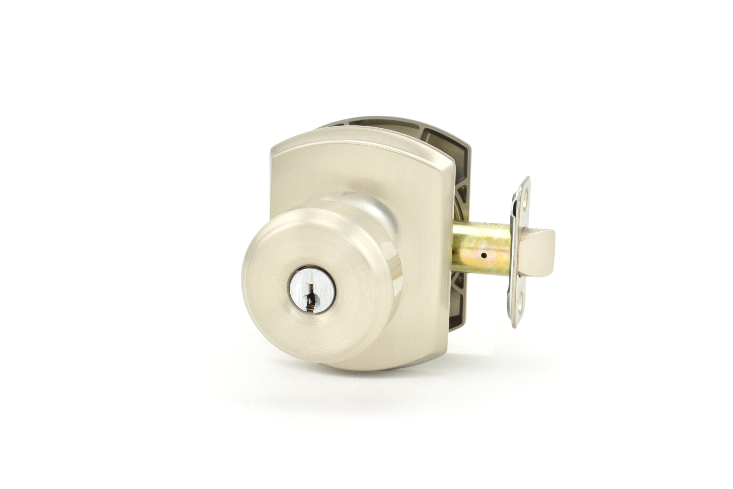 Schlage F51ABWE619GRW Bowery Knob with Greenwich Rose Keyed Entry Lock, Satin Nickel Finish
