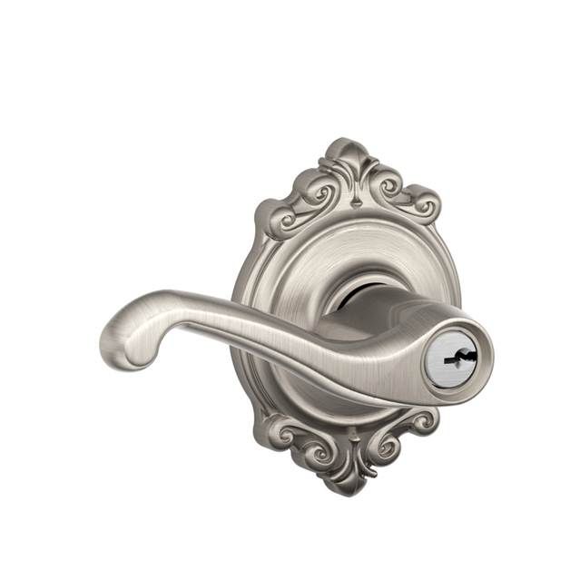 Schlage F51AFLA619BRK Flair Lever with Brookshire Rose Keyed Entry Lock, Satin Nickel Finish