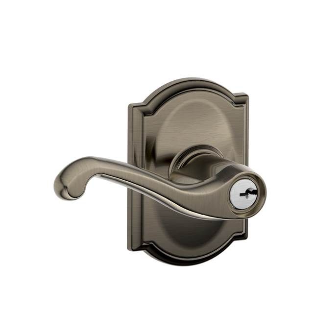 Schlage F51AFLA620CAM Flair Lever Keyed Entry Lock with Camelot Rose, Antique Nickel Finish