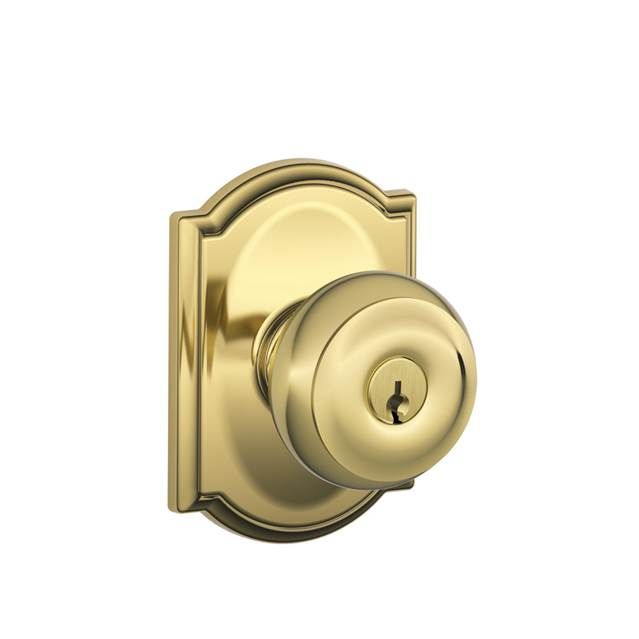 Schlage F51AGEO505CAM Georgian Knob with Camelot Rose Keyed Entry Lock, Brass Finish