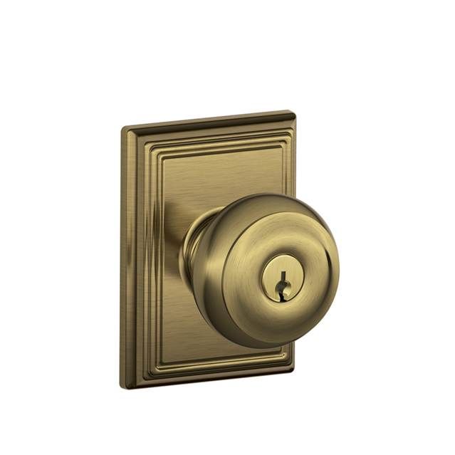 Schlage F51AGEO609ADD Georgian Knob with Addison Rose Keyed Entry Lock, Antique Brass Finish