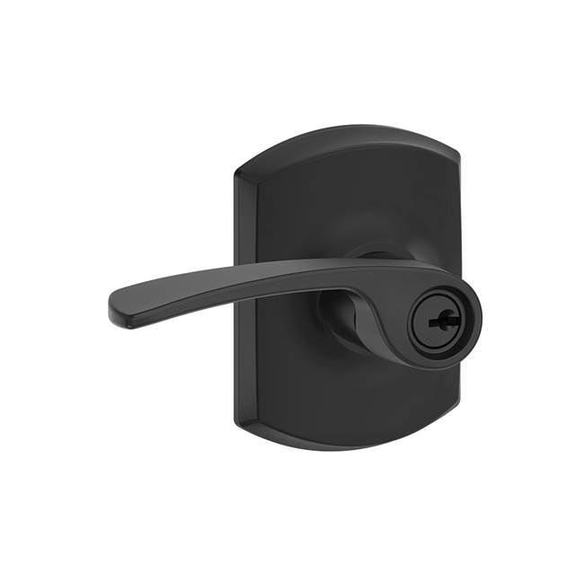 Schlage F51AMER622GRW Merano Lever with Greenwich Rose Keyed Entry Lock, Matte Black Finish