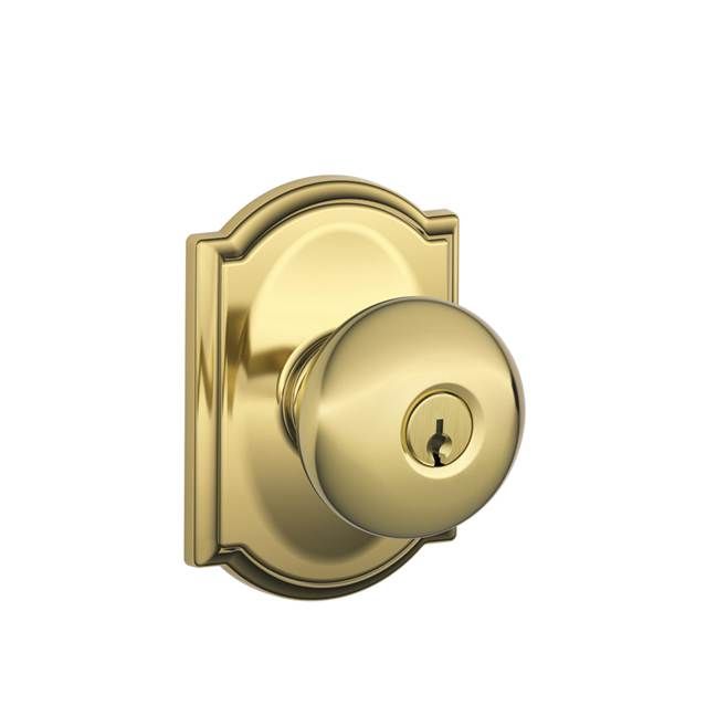 Schlage F51APLY505CAM Plymouth Knob with Camelot Rose Keyed Entry Lock, Brass Finish