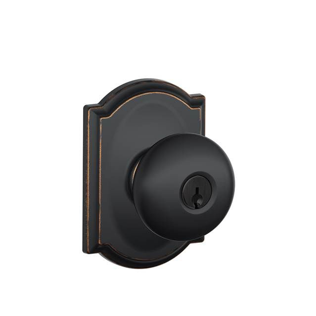 Schlage F51APLY716CAM Plymouth Knob with Camelot Rose Keyed Entry Lock, Aged Bronze Finish