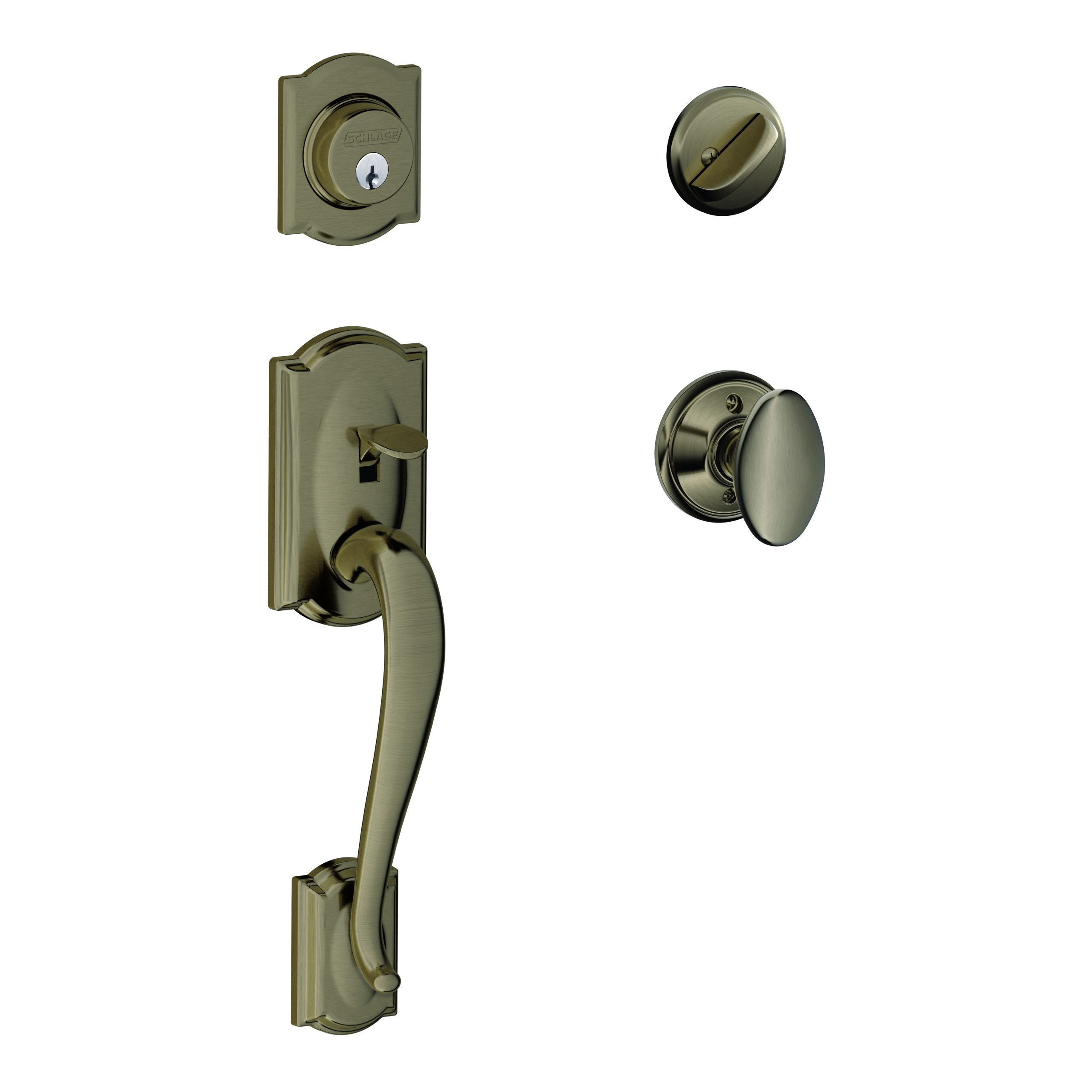 Schlage F60CAM620SIE Camelot Exterior Active Handleset C Keyway with Siena Knob, Antique Nickel