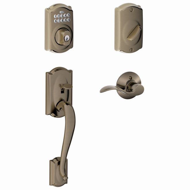 Schlage FE365CAM620ACCRH Right Hand Camelot Accent Lever Handleset with Keypad Deadbolt, Antique Nickel