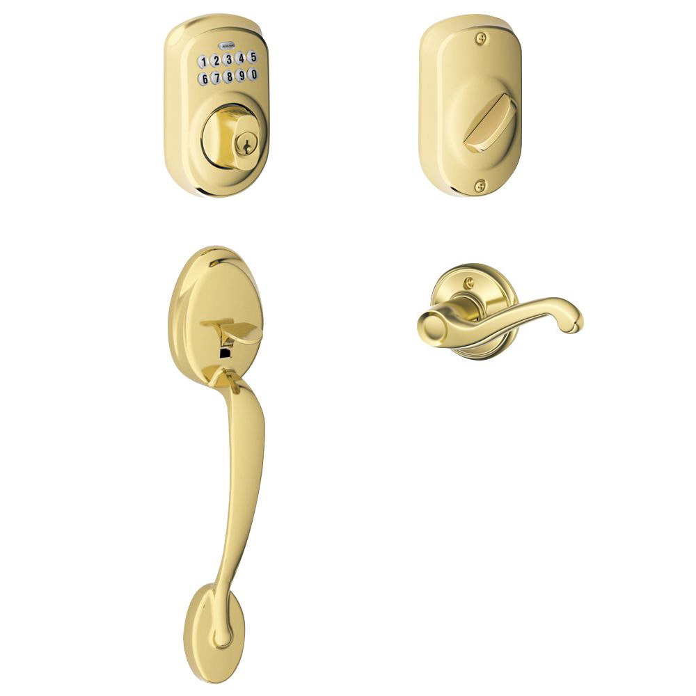 Schlage FE365PLY505FLALH Left Hand Plymouth Flair Lever Handleset with Keypad Deadbolt, Brass Finish