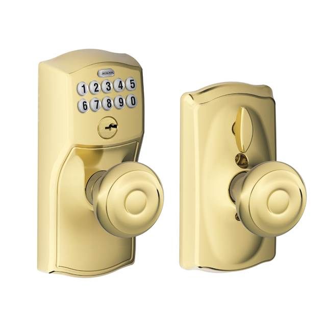 Schlage FE595CAM505GEO Camelot Georgian Knob Electronic Keypad Lock with Brass Finish