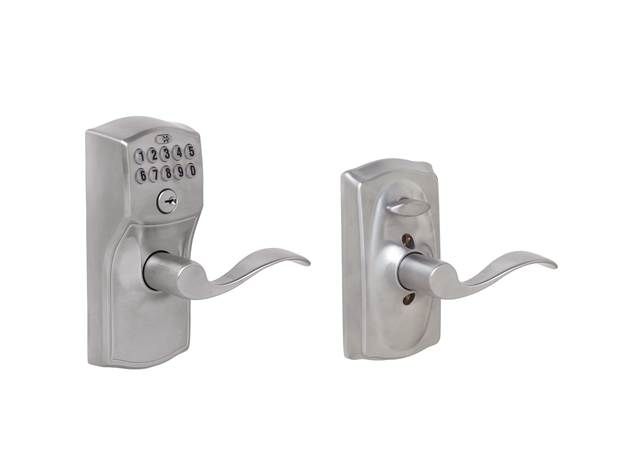 Schlage FE595CAM626ACC Camelot Accent Lever Entry Flex Lock Keypad, Satin Chrome, 16211 Latch