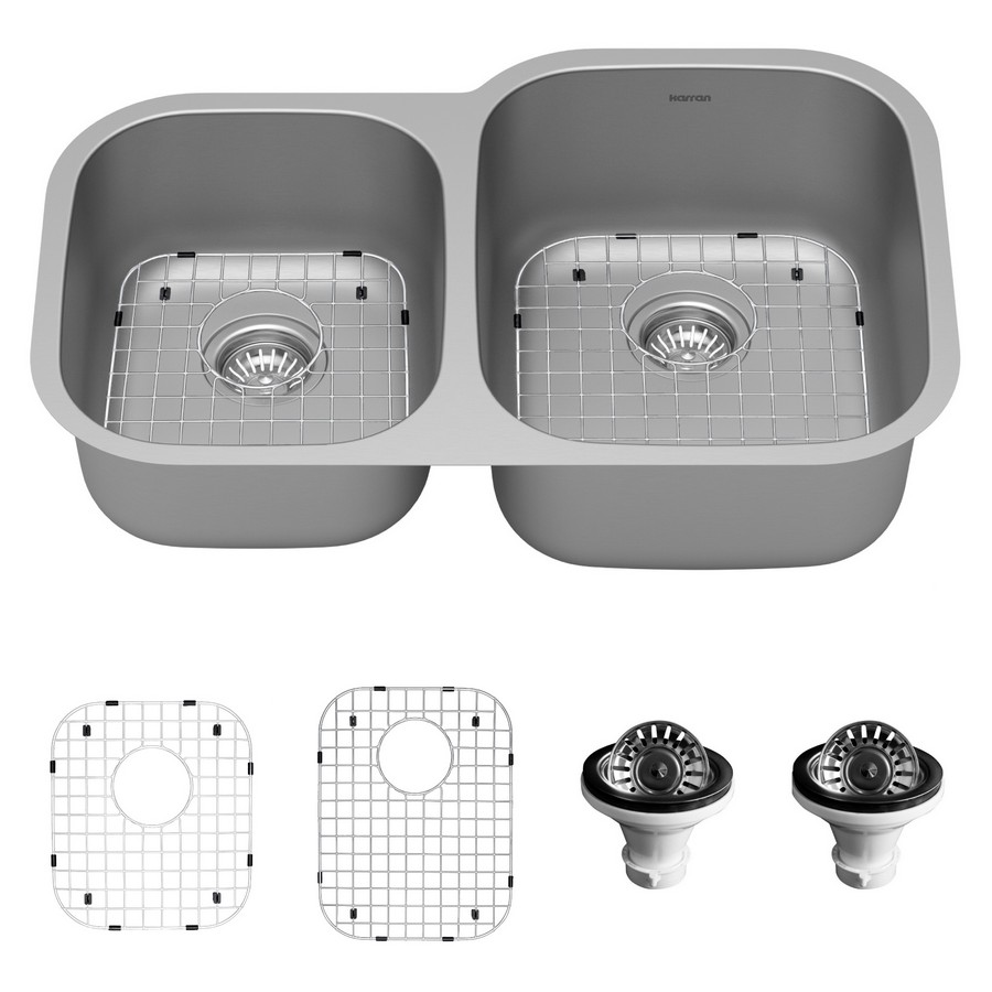 Profile 32″ Undermount Double Bowl Kitchen Sink Kit 16 Gauge Stainless Steel Karran PU53L-PK1