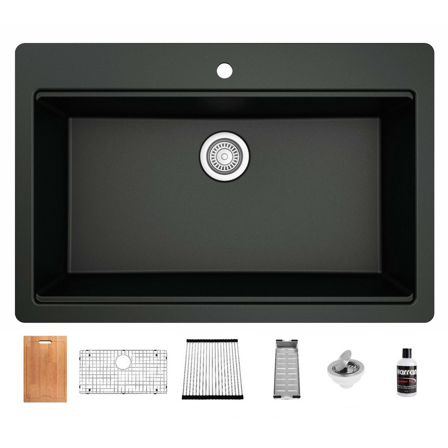 33″ Top Mount Large Single Bowl Quartz Workstation Kitchen Sink Black Karran QTWS-875-BL