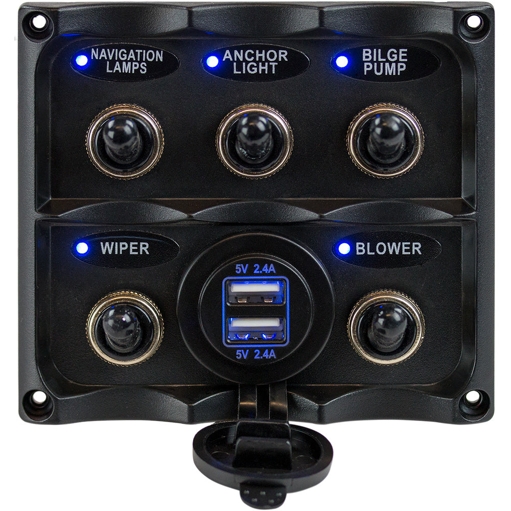 Sea-Dog Water Resistant Toggle Switch Panel w/USB Power Socket – 5 Toggle